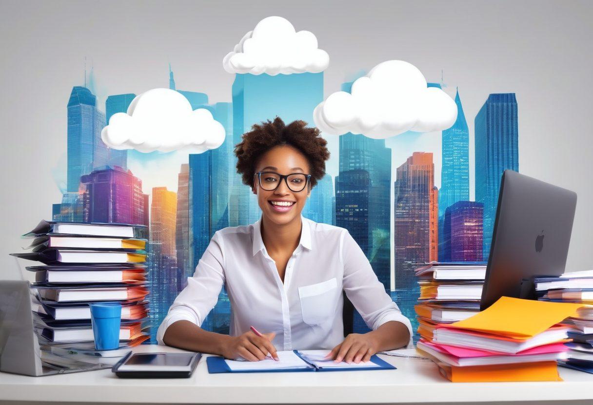 A cheerful character sitting at a desk surrounded by colorful digital files and folders, effortlessly managing data with joyful expressions. Bright tech gadgets like flashy cloud storage icons and backup drives float around, symbolizing ease of access and organization. The background should have a vibrant, futuristic city skyline representing innovation. Include elements like checklists and graphs to symbolize effective data management. super-realistic. vibrant colors. white background.