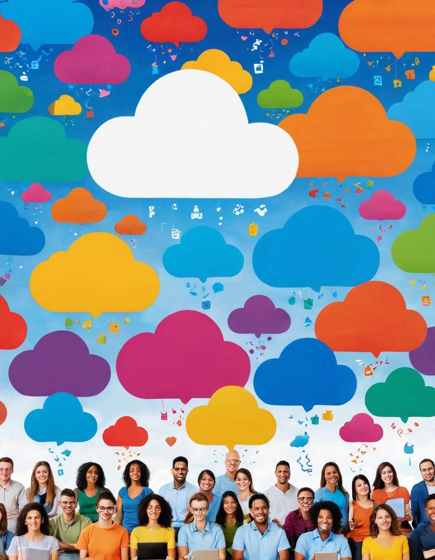 A visually engaging cloud landscape filled with colorful floating files, representing collaboration and joy in cloud storage. Depict a diverse group of people joyfully sharing files with digital devices, surrounded by vibrant icons of communication such as speech bubbles and checkmarks. Include whimsical cloud shapes and bright, cheerful colors to evoke a sense of positivity and teamwork. super-realistic. vibrant colors. digital art.