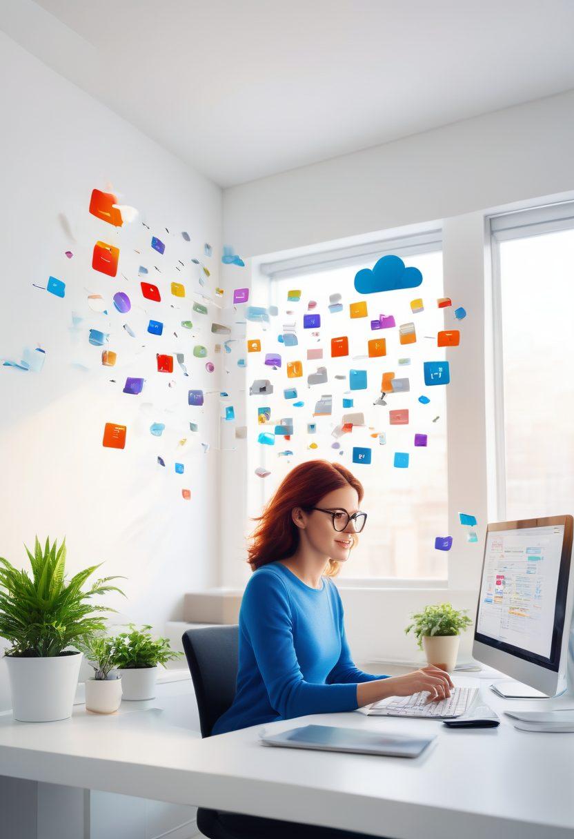 A vibrant illustration of a person joyfully managing files on a cloud storage interface in a bright, modern workspace. The scene features colorful file icons floating in the air, symbolizing organization and efficiency. Lively elements like a coffee cup and plants add warmth to the environment, showcasing a productive yet cheerful atmosphere. Incorporate a digital device displaying graphs that indicate successful file management. vector art. vibrant colors. white background.